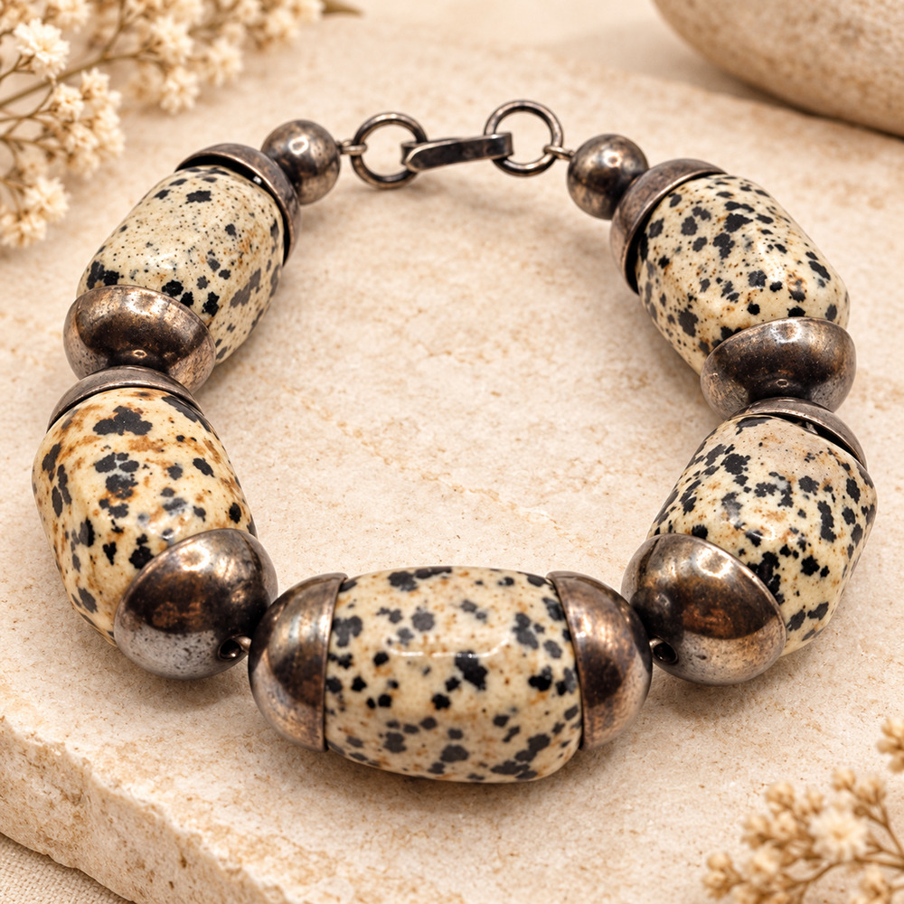 Vintage Mexico 925 Sterling Silver Dalmatian Jasper Chunky Bracelet 71g Boho 6.2